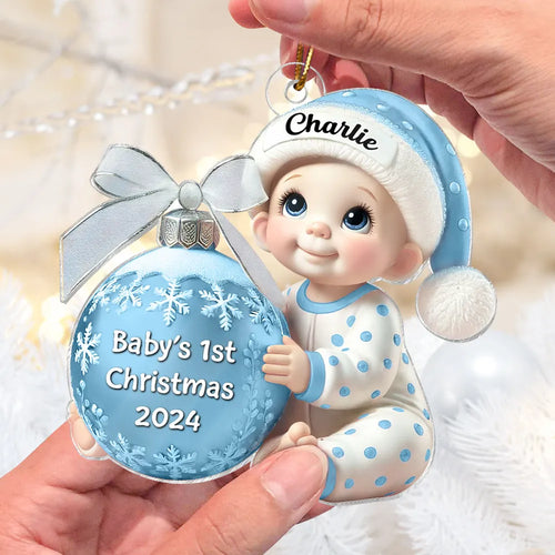 Baby Holding Christmas Bauble 3D Effect Baby's First Christmas Personalized Acrylic Flat Ornament