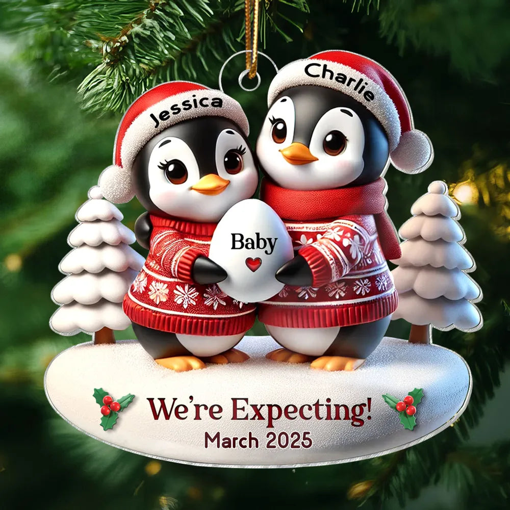3D Effect Cute Penguin Couple Expecting Parents Pregnancy Announcement Keepsake Personalized Acrylic Ornament