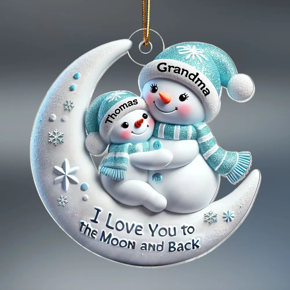 3D Effect Snowman Grandma & Hugging Grandkid On The Moon Personalized Acrylic Ornament, Christmas Gift For Granddaughter, Grandson