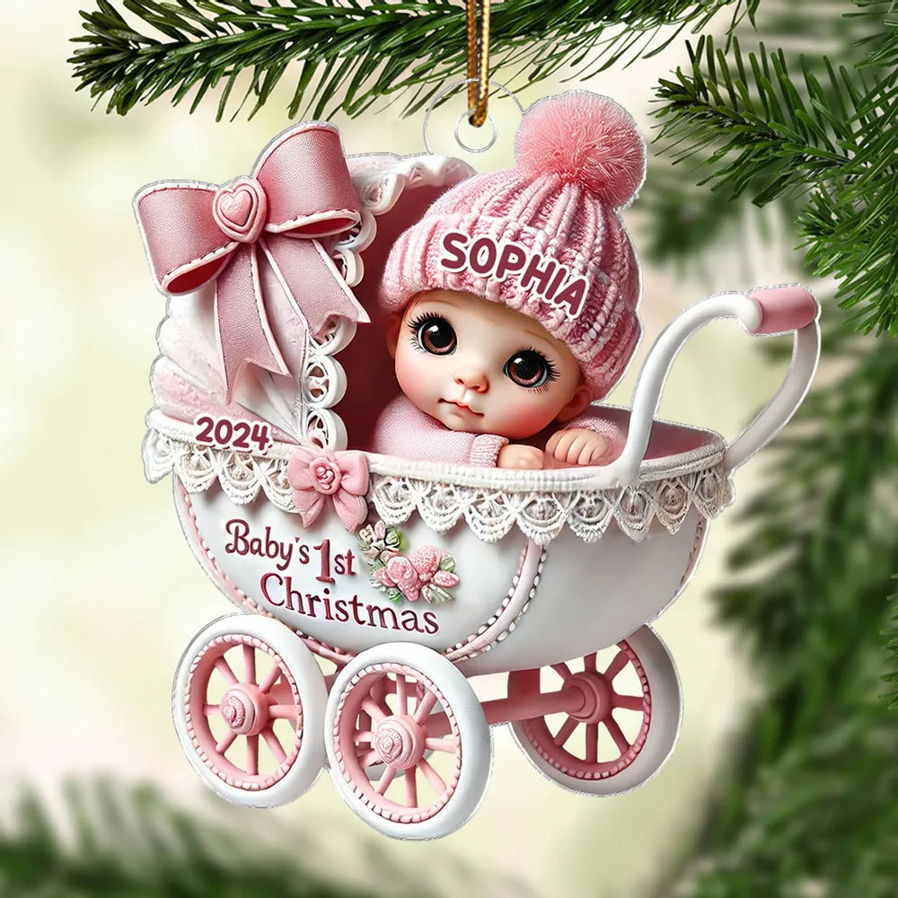 3D Effect Newborn Baby In Carriage Christmas Personalized Acrylic Ornament, Christmas Gift For Newborns, New Parents