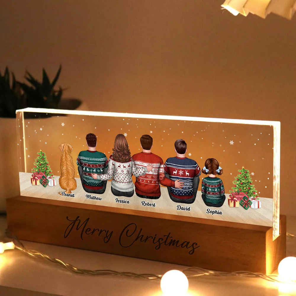 Merry Christmas Family Sitting Personalized Acrylic Block LED Night Light, Custom Family with Pets, Holidays Gift for Husband, Wife