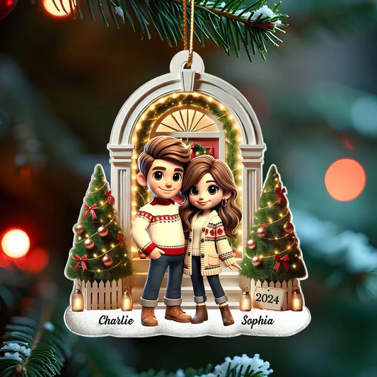 3D Effect Pretty Couple Standing On The Front Porch Personalized Acrylic Ornament, Unique Christmas Gift For Him For Her For The Couple