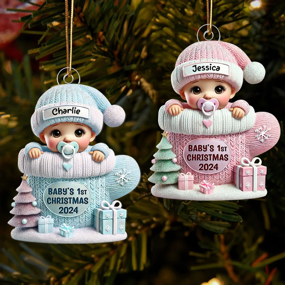 Baby In Mitten 3D Effect Baby's First Christmas Personalized Acrylic Flat Ornament