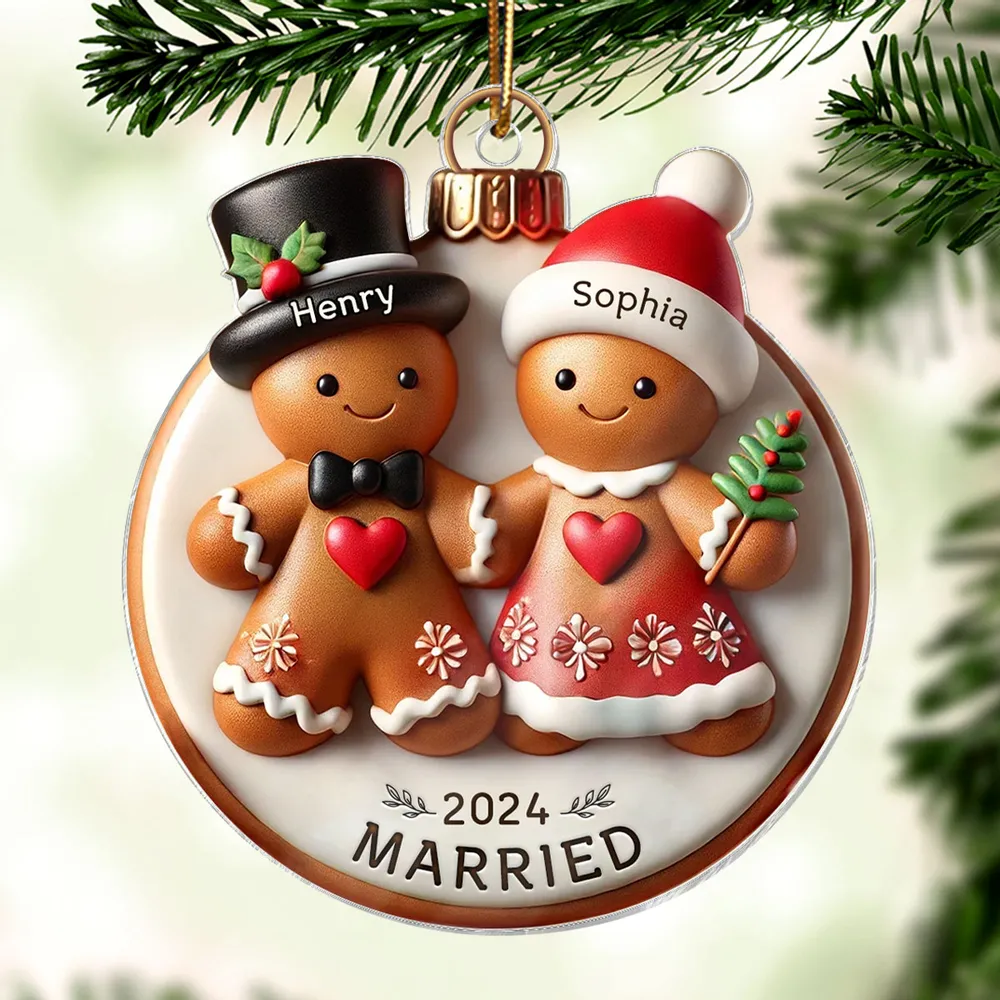 3D Effect Gingerbread Couple Married Engaged Merry Christmas Personalized Acrylic Ornament