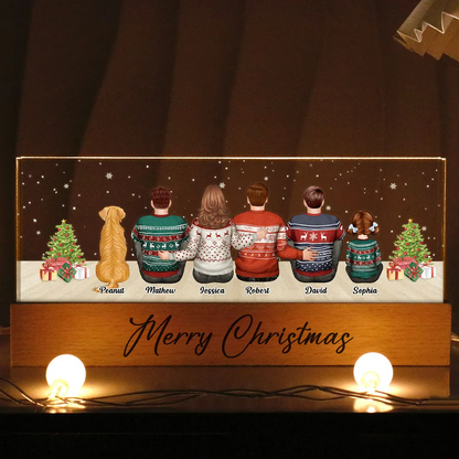Merry Christmas Family Sitting Personalized Acrylic Block LED Night Light, Custom Family with Pets, Holidays Gift for Husband, Wife