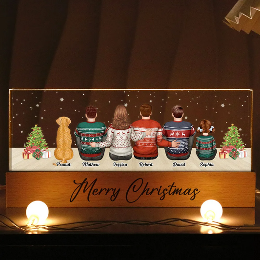 Merry Christmas Family Sitting Personalized Acrylic Block LED Night Light, Custom Family with Pets, Holidays Gift for Husband, Wife