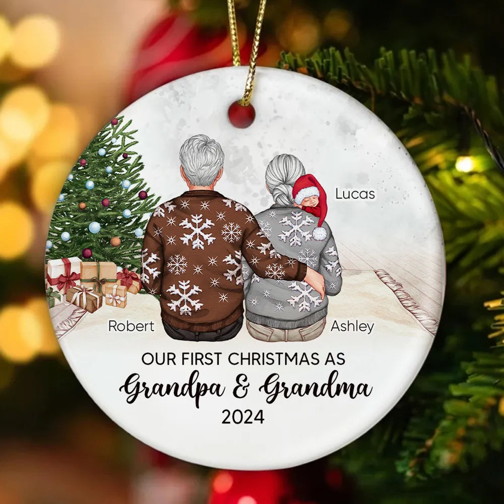 Our First Christmas As Grandma & Grandpa Personalized Circle Ornament