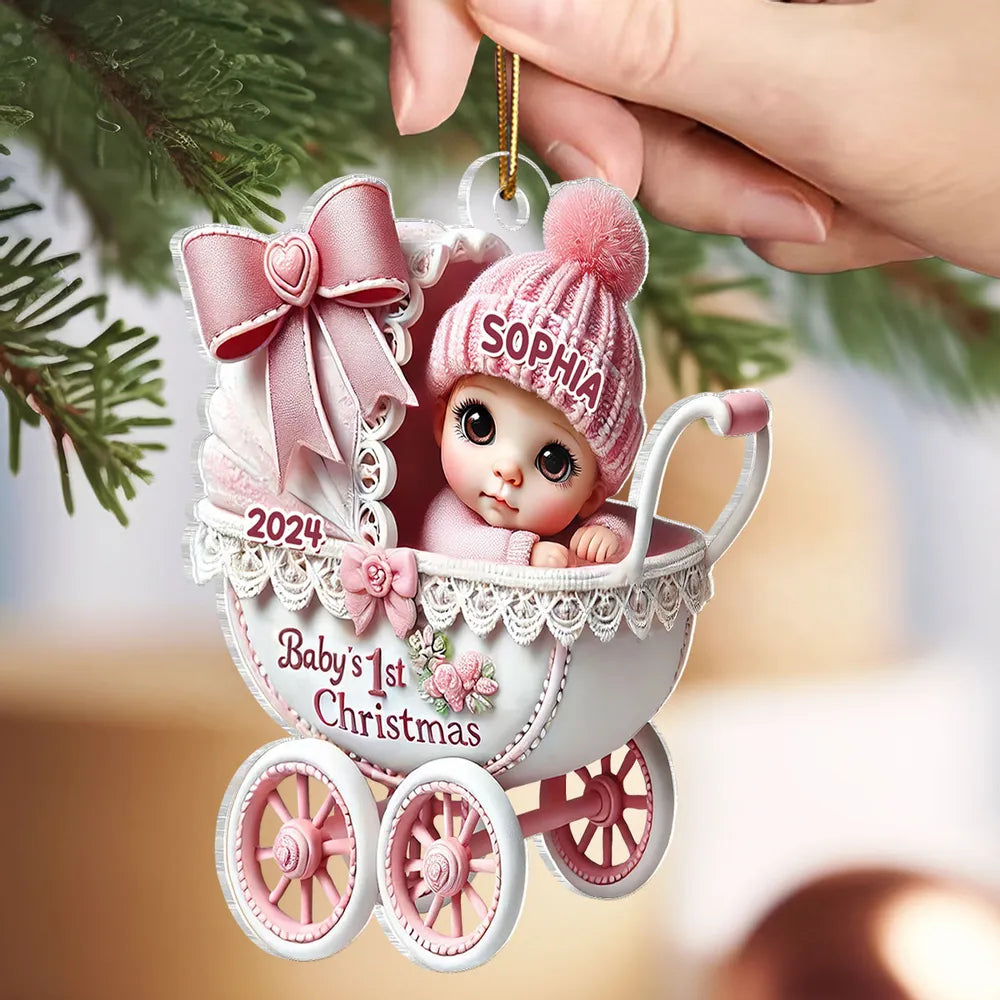 3D Effect Newborn Baby In Carriage Christmas Personalized Acrylic Ornament, Christmas Gift For Newborns, New Parents