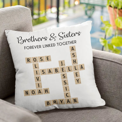 Brothers & Sisters Forever Linked Together Crossword Puzzle Art Personalized Pillow, Gift For Brothers, Sisters, Siblings, Family