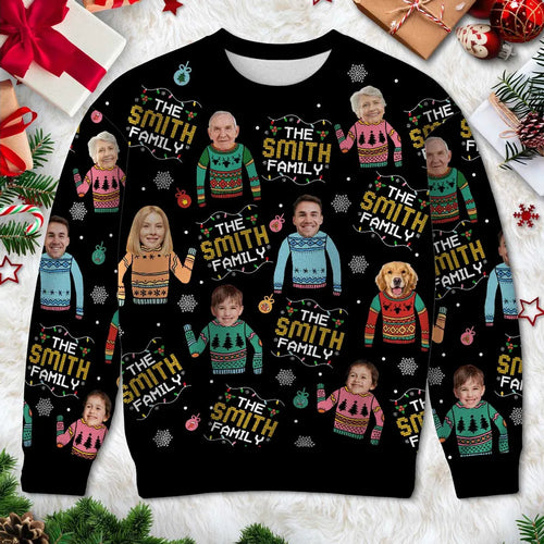 Family Photo Upload Funny Christmas Personalized Faux Knit Ugly Sweater