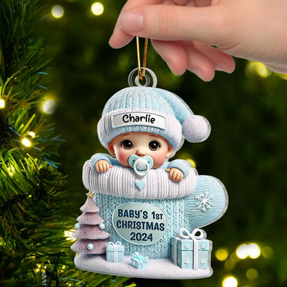 Baby In Mitten 3D Effect Baby's First Christmas Personalized Acrylic Flat Ornament