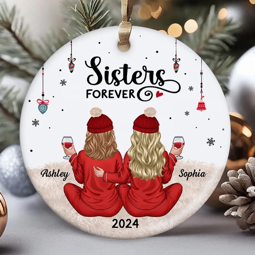 Back View Pajamas Sisters Forever Personalized Acrylic Ornament, Christmas Gift For Sisters