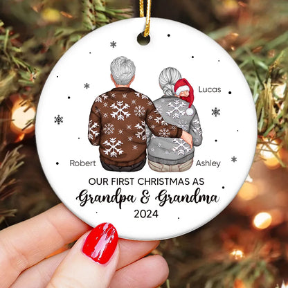 Our First Christmas As Grandma & Grandpa Personalized Circle Ornament