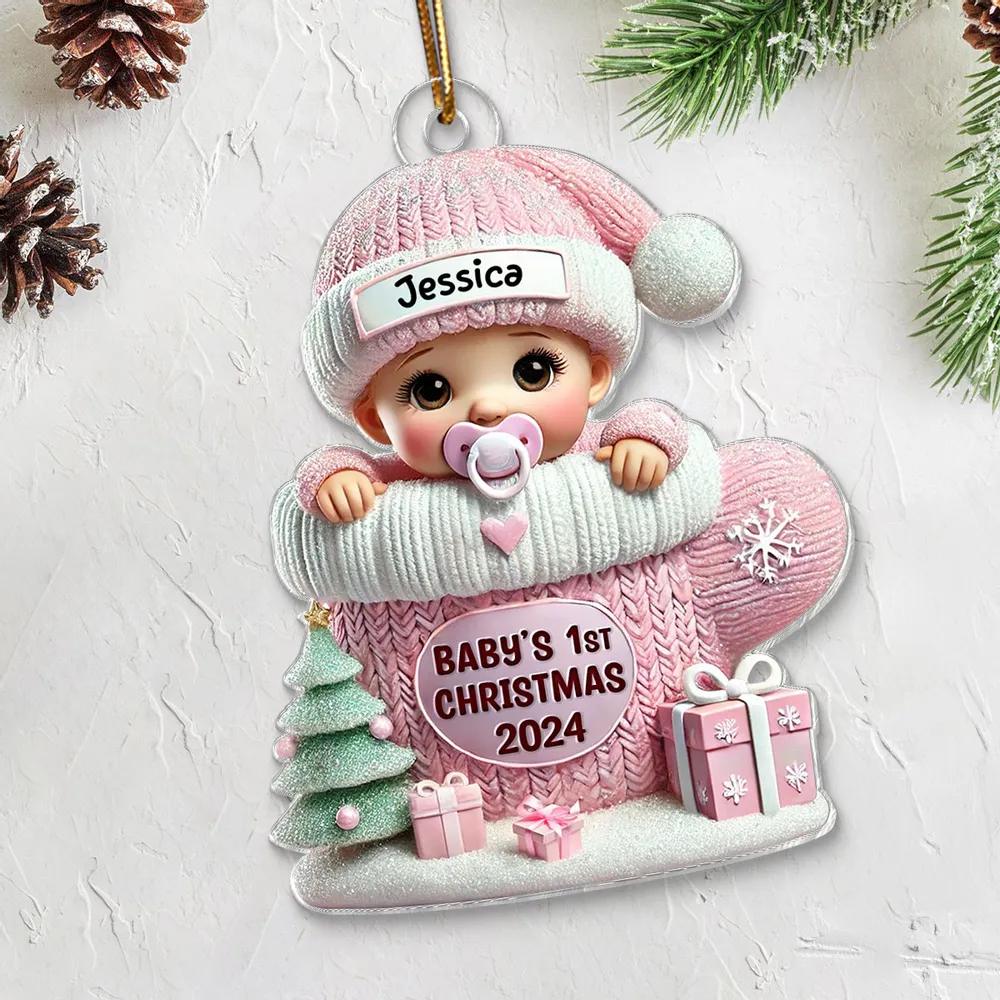 Baby In Mitten 3D Effect Baby's First Christmas Personalized Acrylic Flat Ornament