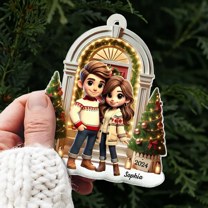 3D Effect Pretty Couple Standing On The Front Porch Personalized Acrylic Ornament, Unique Christmas Gift For Him For Her For The Couple