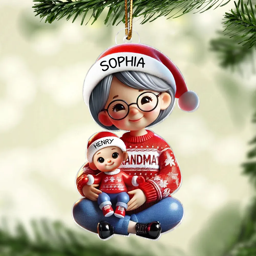 3D Effect Grandma Grandkids Sitting Crossed Legs Personalized Acrylic Ornament, Christmas Gift for Grandma, Granddaughter Grandson