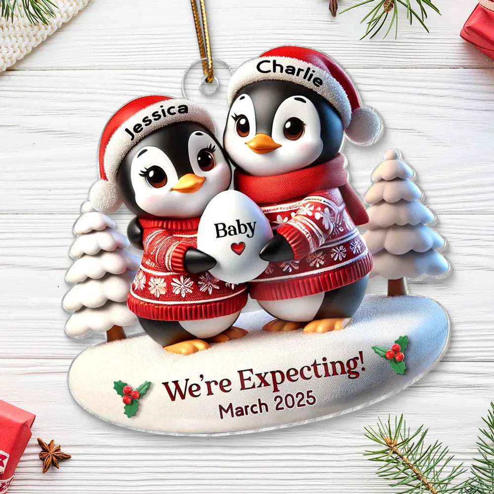 3D Effect Cute Penguin Couple Expecting Parents Pregnancy Announcement Keepsake Personalized Acrylic Ornament