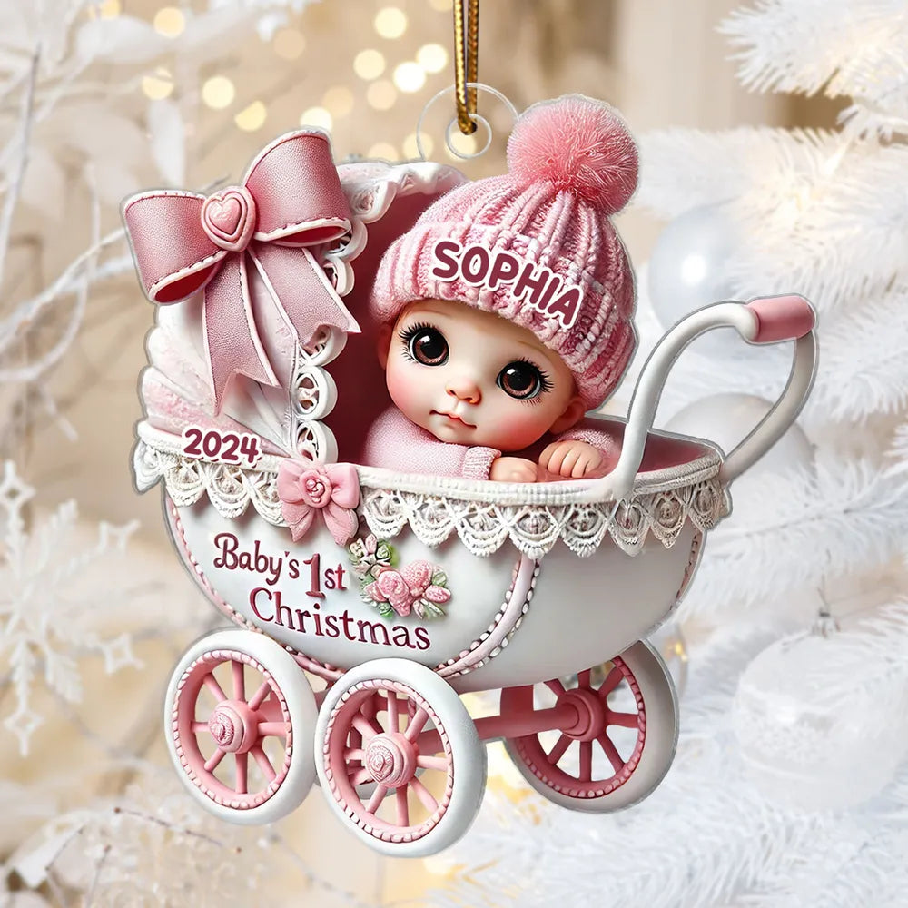 3D Effect Newborn Baby In Carriage Christmas Personalized Acrylic Ornament, Christmas Gift For Newborns, New Parents
