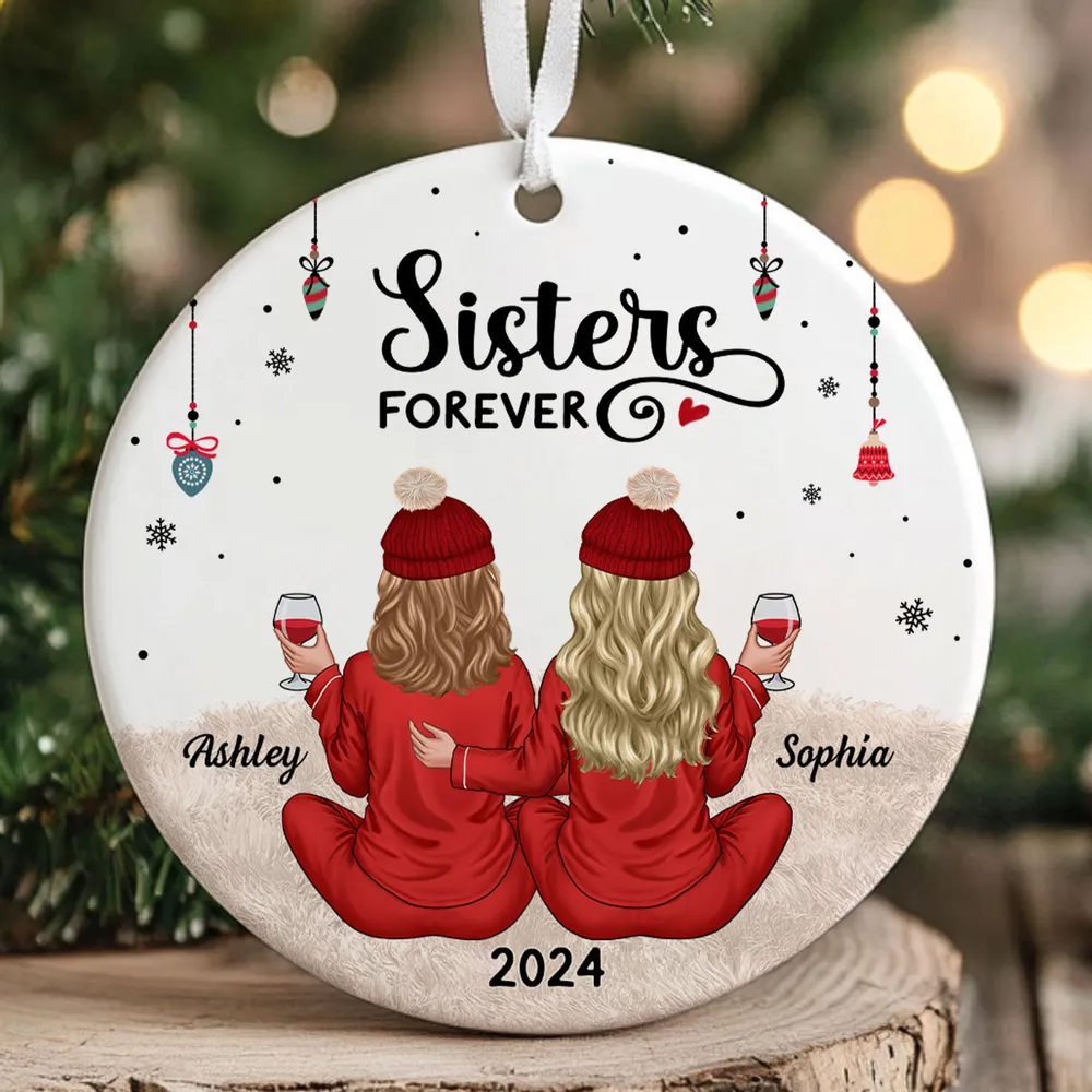 Back View Pajamas Sisters Forever Personalized Acrylic Ornament, Christmas Gift For Sisters