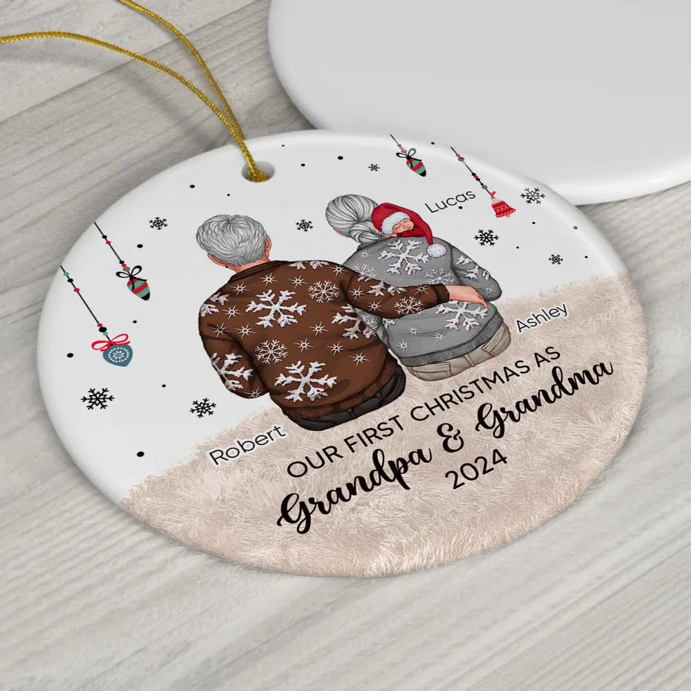 Our First Christmas As Grandma & Grandpa Personalized Circle Ornament