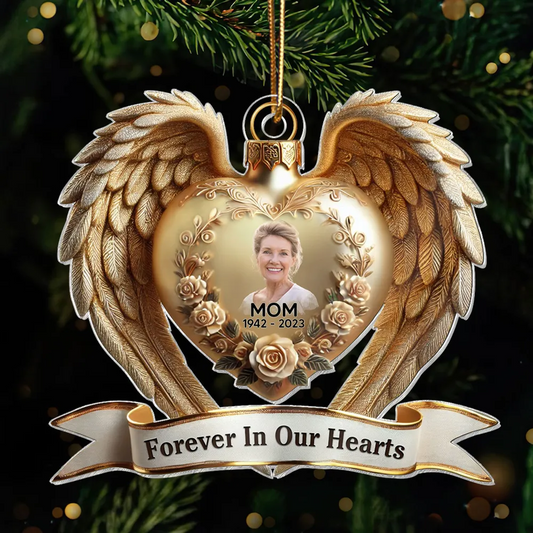 Forever In Our Hearts Angel Wings Photo Upload Memorial 3D Effect Personalized Acrylic Flat Ornament