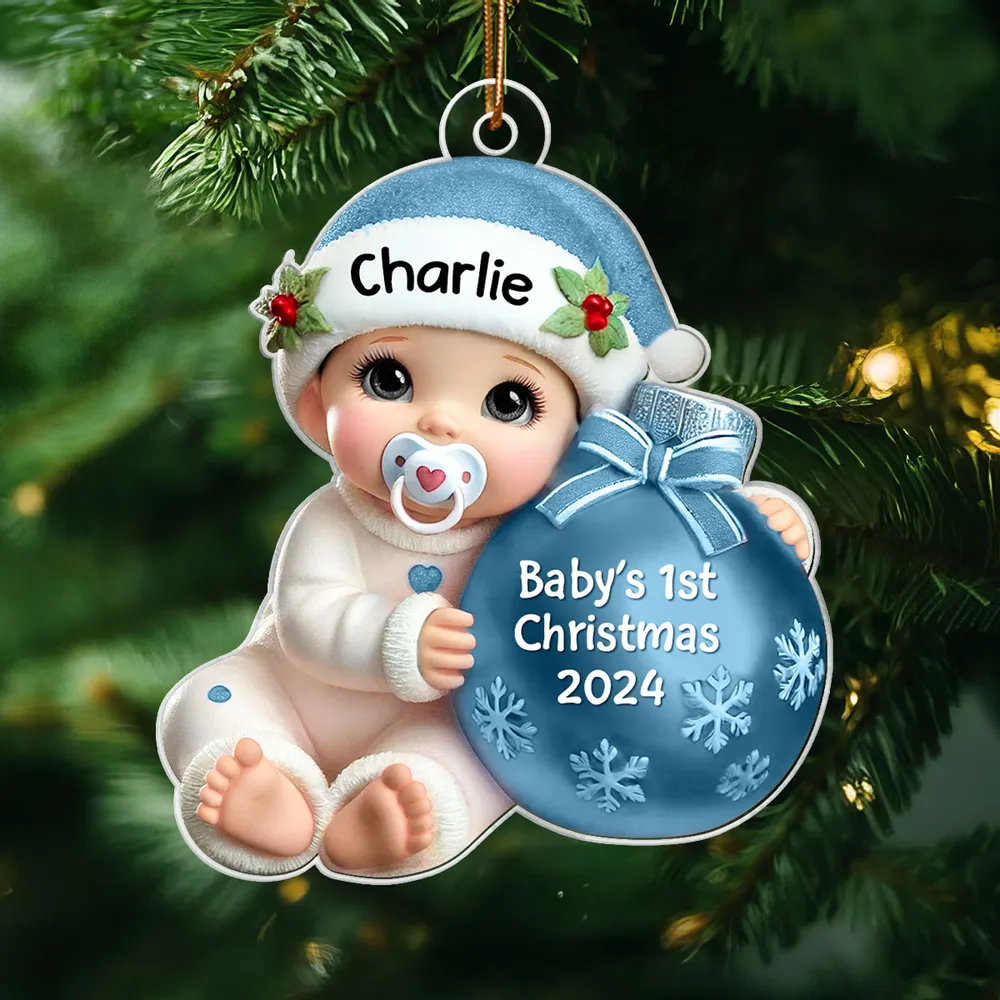 Baby Beside Christmas Bauble 3D Effect Baby's First Christmas Personalized Acrylic Flat Ornament