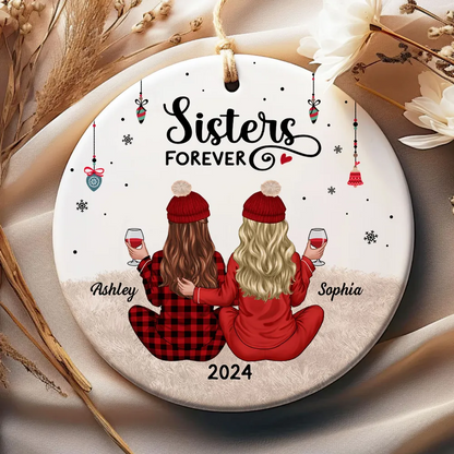 Back View Pajamas Sisters Forever Personalized Acrylic Ornament, Christmas Gift For Sisters