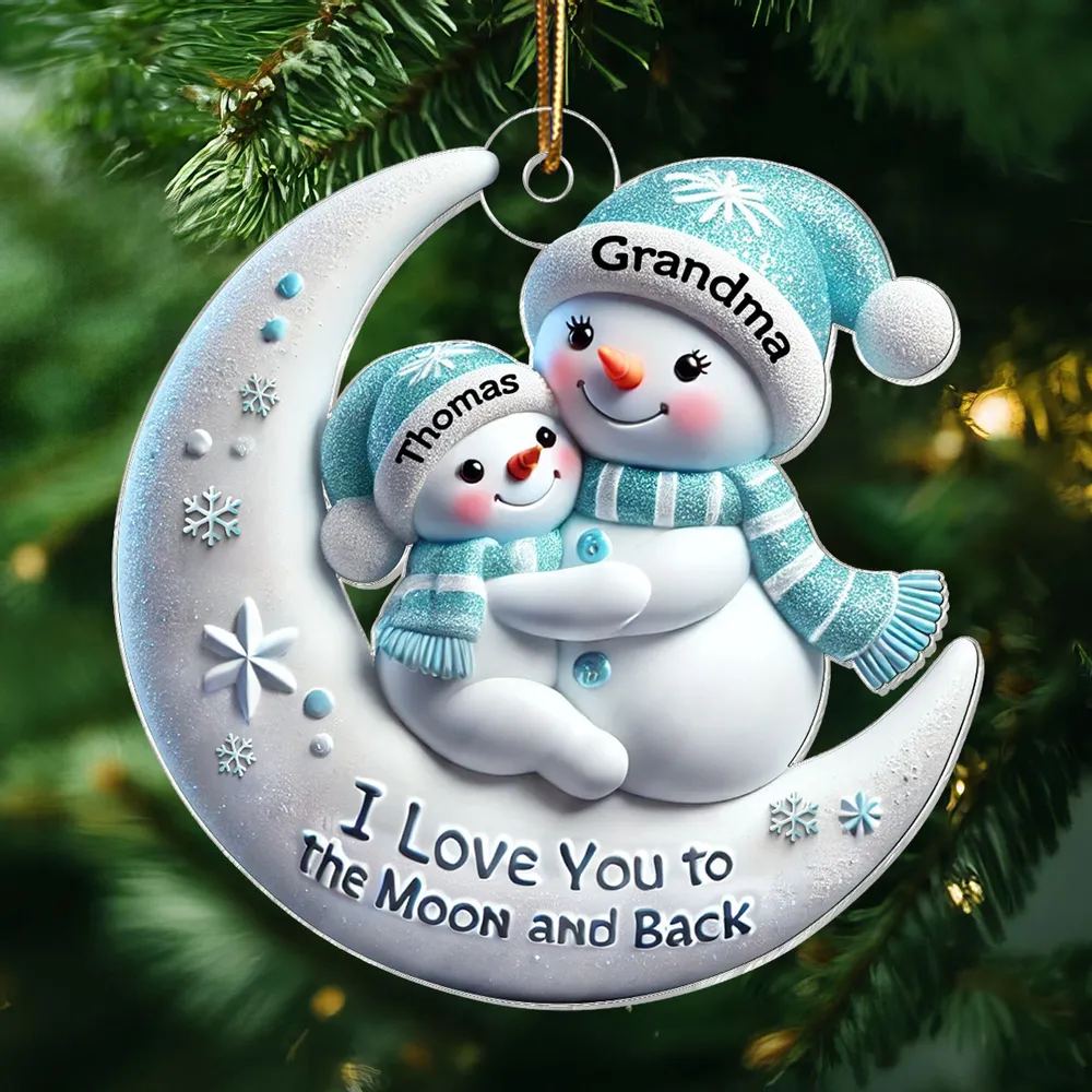 3D Effect Snowman Grandma & Hugging Grandkid On The Moon Personalized Acrylic Ornament, Christmas Gift For Granddaughter, Grandson