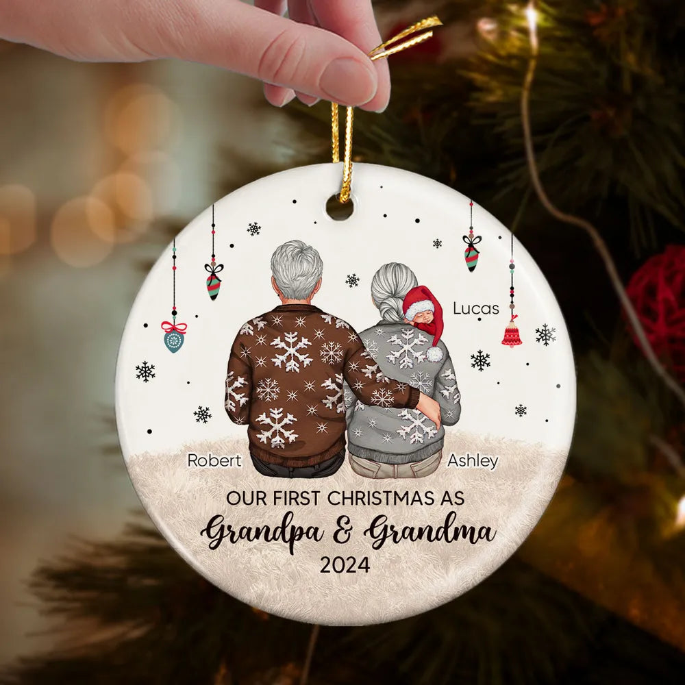 Our First Christmas As Grandma & Grandpa Personalized Circle Ornament