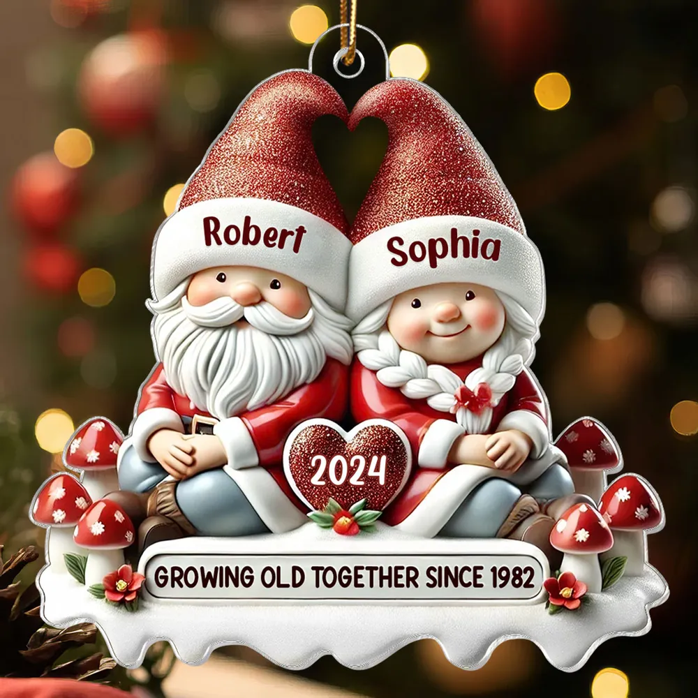 3D Effect Gnome Couple Personalized Acrylic Ornament, Christmas Gift For Him, For Her