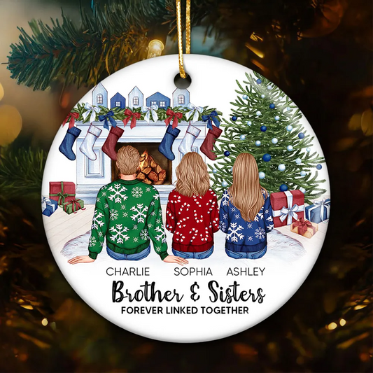 Personalized Siblings Christmas Tree Cozy Fireplace Ornament, Personalized Brothers and Sisters Ornament, Siblings Gift