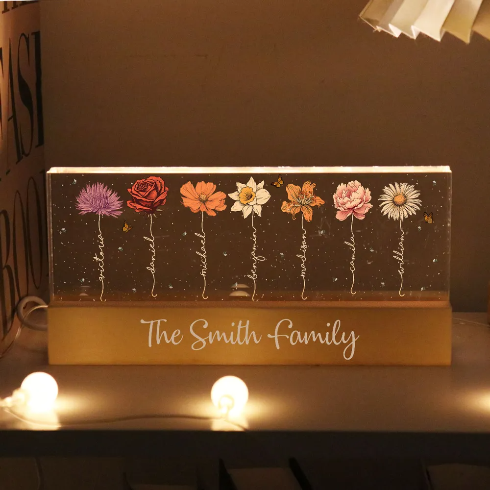 Family Members Birth Month Flowers Personalized Acrylic Block LED Night Light, Gift For Dad, Mom, Son, Daughter