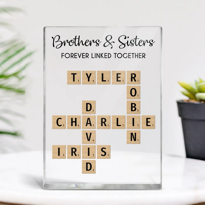 Brothers & Sisters Forever Linked Together Crossword Puzzle Art Personalized Rectangle Acrylic Block Plaque, Gift For Brothers, Sisters, Siblings, Family