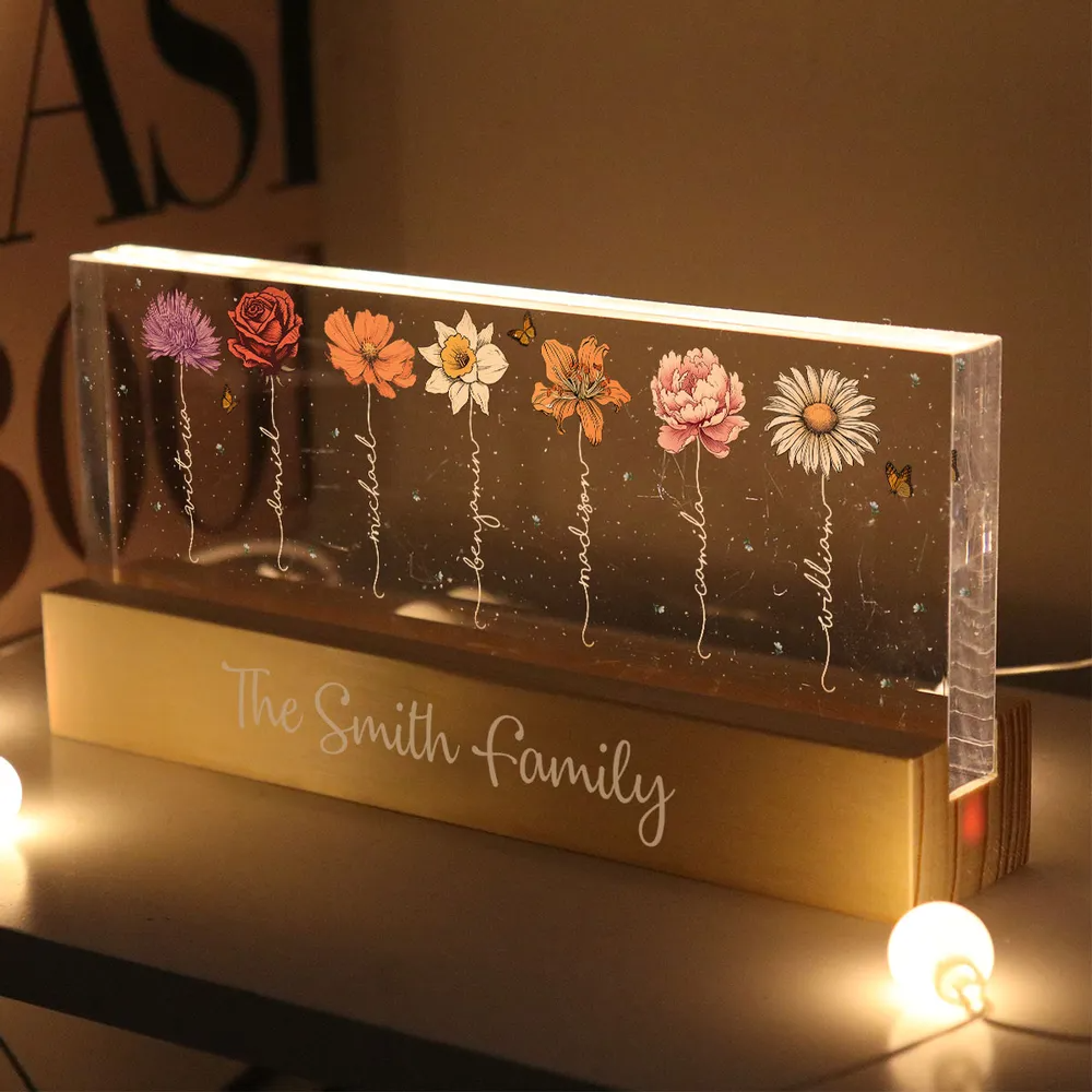Family Members Birth Month Flowers Personalized Acrylic Block LED Night Light, Gift For Dad, Mom, Son, Daughter