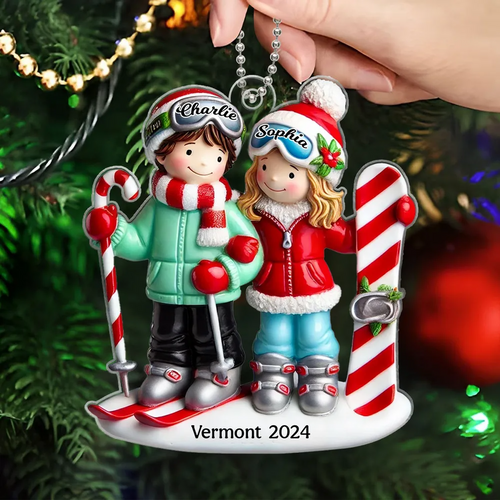 Personalized Ski Couple Christmas Acrylic Flat Ornament, Ski Resort Vacation, Adventurer, Winter Sports, Skiing Custom Xmas Gift