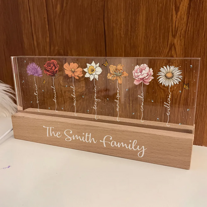 Family Members Birth Month Flowers Personalized Acrylic Block LED Night Light, Gift For Dad, Mom, Son, Daughter