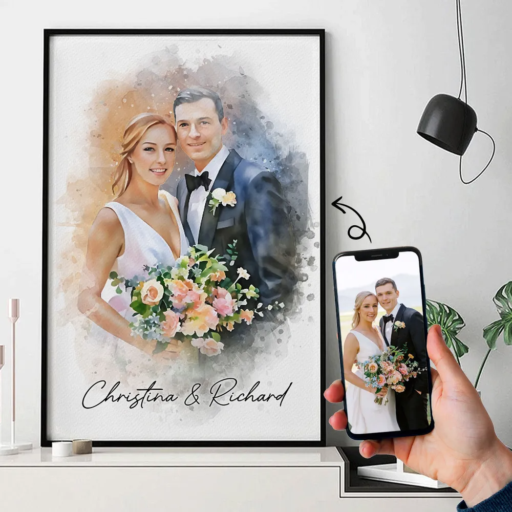 Watercolor Couple Portrait from Photo, Custom Wedding Anniversary Christmas Gift for Wife Husband Parents, Engagement Gift for Friend, Unique Wall Art