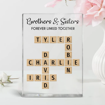 Brothers & Sisters Forever Linked Together Crossword Puzzle Art Personalized Rectangle Acrylic Block Plaque, Gift For Brothers, Sisters, Siblings, Family