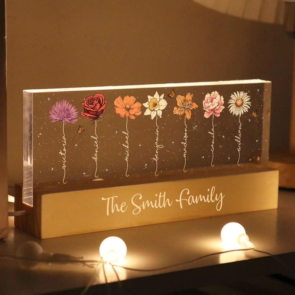 Family Members Birth Month Flowers Personalized Acrylic Block LED Night Light, Gift For Dad, Mom, Son, Daughter