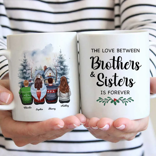 Brother Sisters Watercolor Christmas House Personalized Mug, Christmas Gift for Siblings