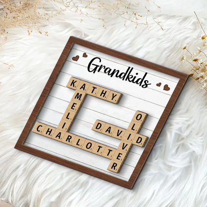 Grandkids Crossword Puzzle Art Personalized 2-Layer Wooden Plaque, Gift For Grandma, Gift For Mom