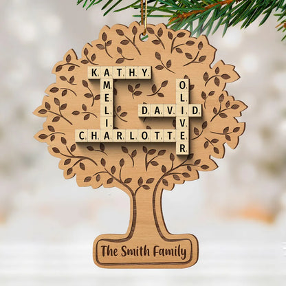 Family Tree Of Life Crossword Wood Ornament, Personalized Family Wood Ornament