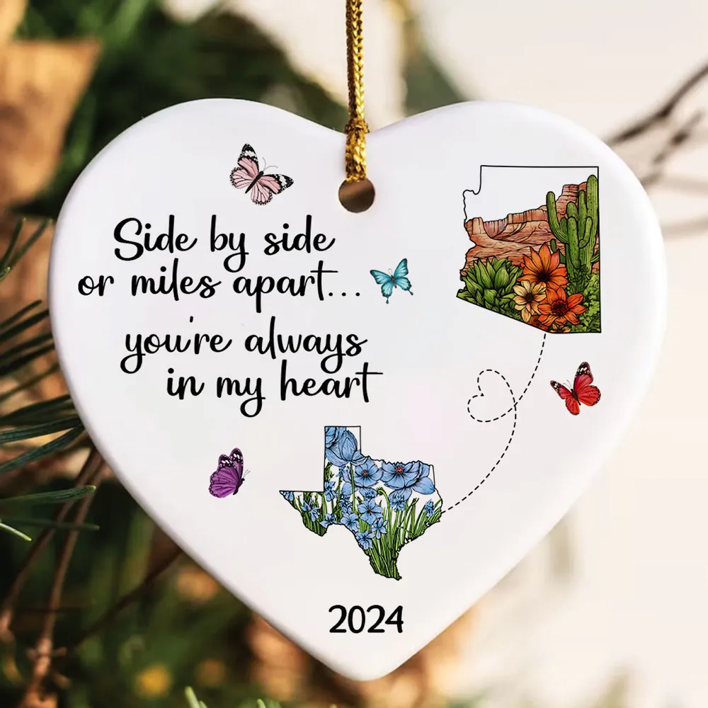 Miles Apart Long Distance Friendship Family Watercolor Wildflower State Map Personalized Heart Ornament, Togetherness Keepsake