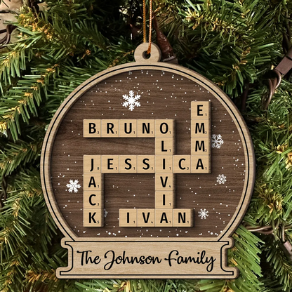 Family Names In Snow Globe Crossword Puzzle Art Personalized Wooden Ornament, Christmas Decor, Christmas Gift For Families