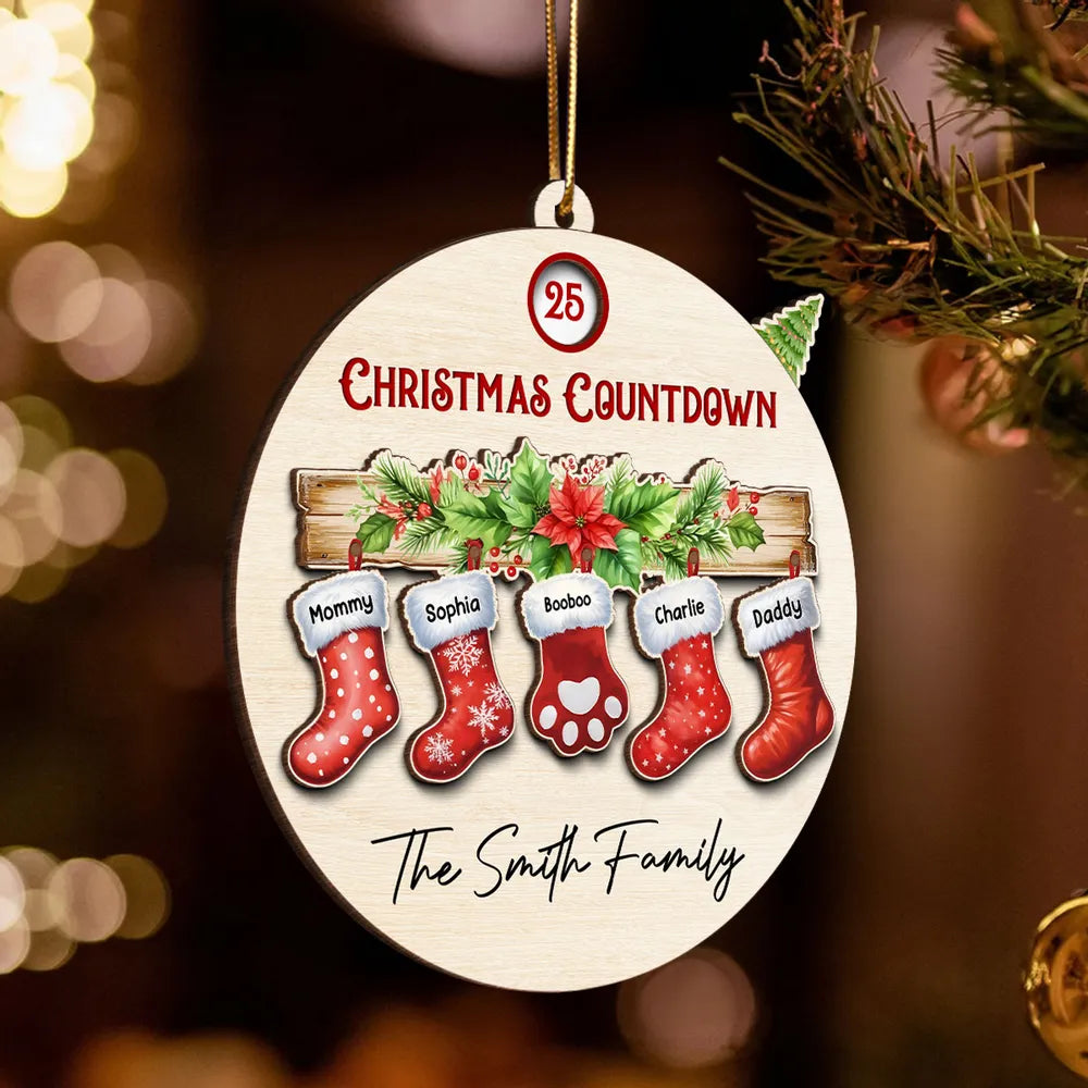 Family With Pet Christmas Socks Countdown Ornament, Personalized Family Countdown Ornament