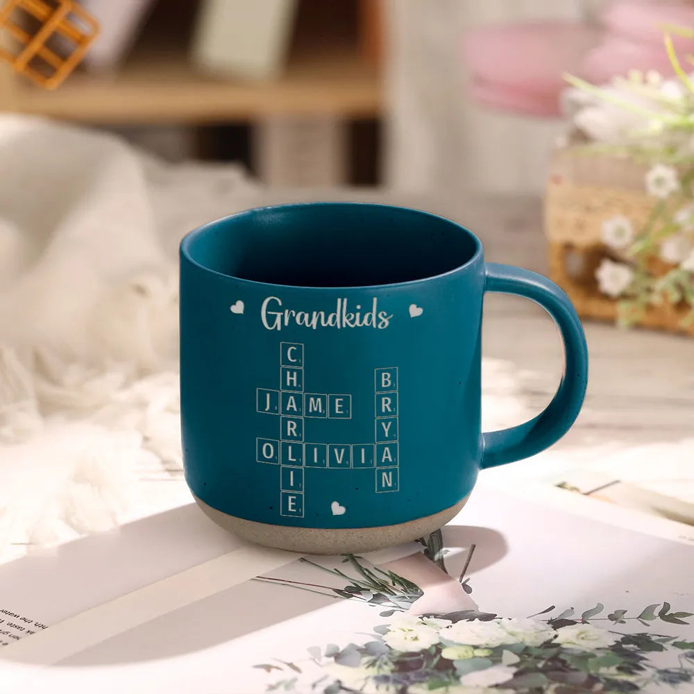 Grandkids Crossword Puzzle Art Personalized Engraved Pottery Mug, Christmas Gift For Grandma, Gift For Mom