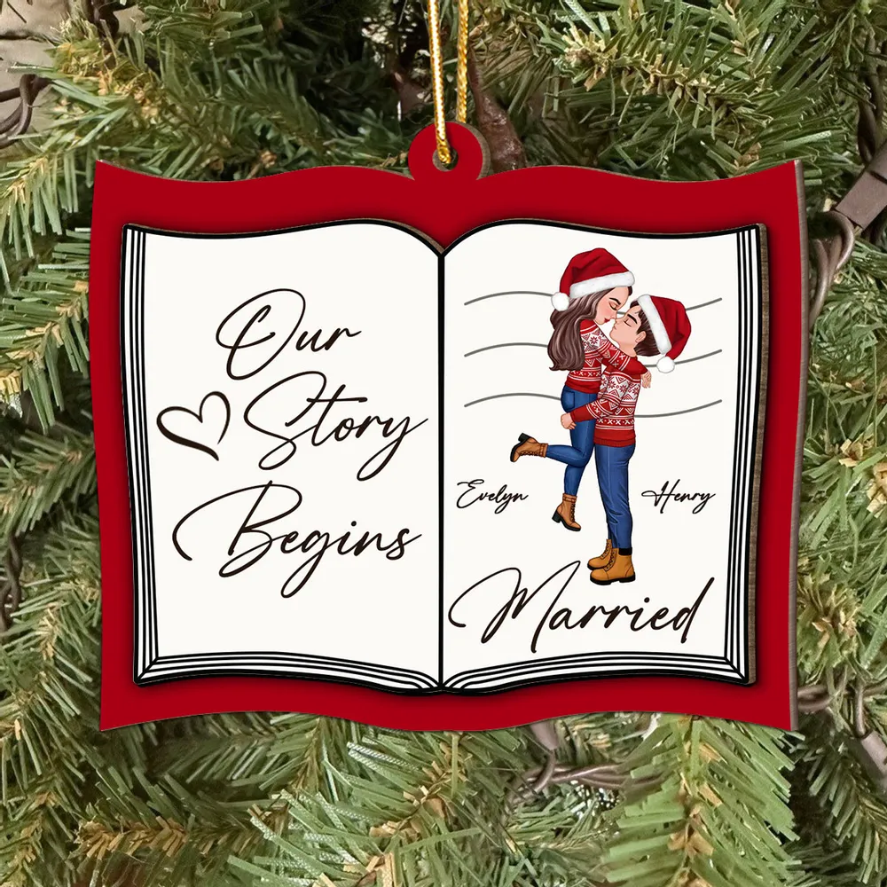 Our Next Chapter Married Storybook Couple - Personalized Custom Shaped Wooden Ornament