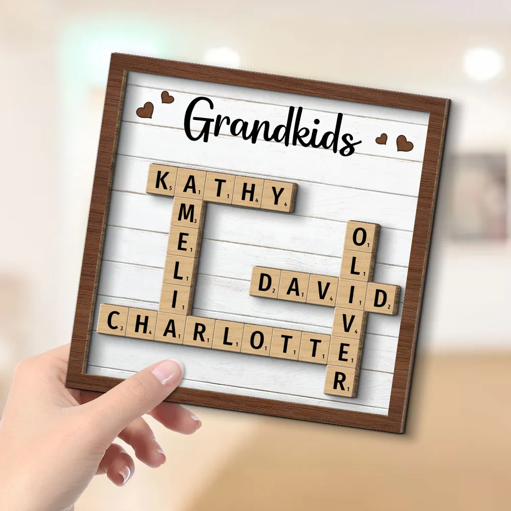 Grandkids Crossword Puzzle Art Personalized 2-Layer Wooden Plaque, Gift For Grandma, Gift For Mom