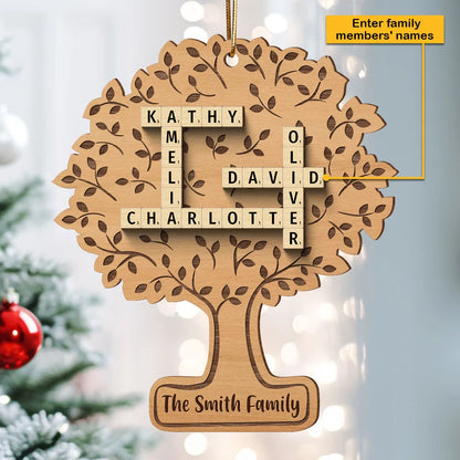 Family Tree Of Life Crossword Wood Ornament, Personalized Family Wood Ornament