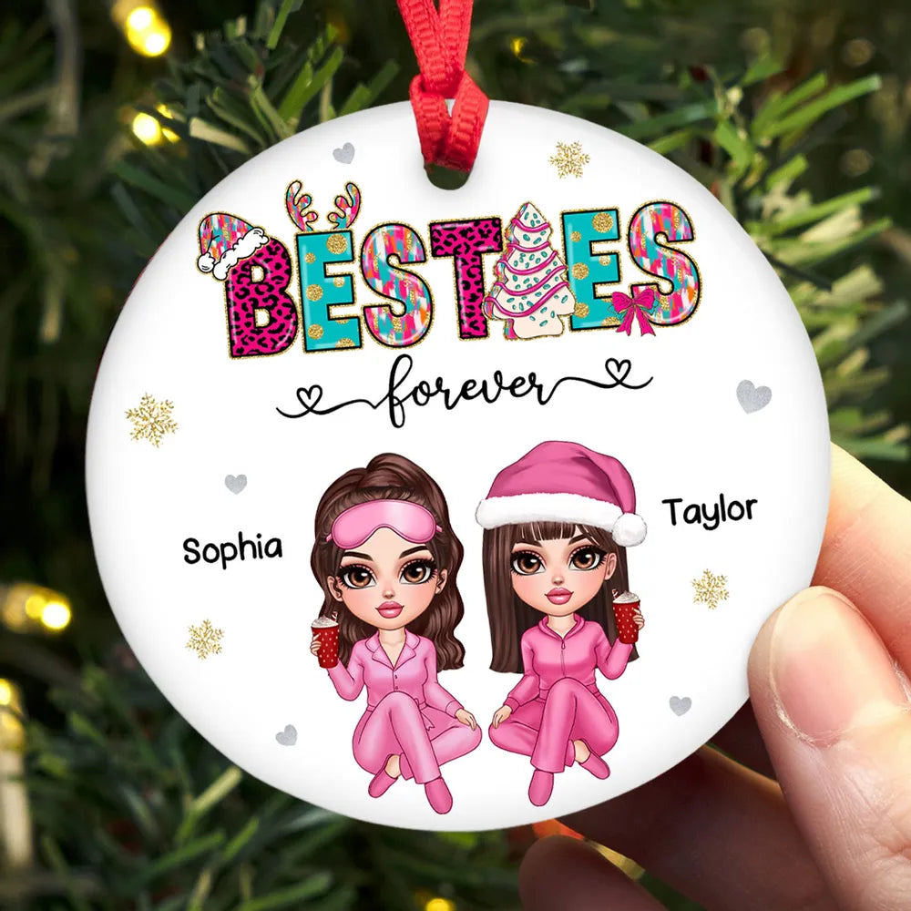 Pink And Teal Besties Forever Christmas Personalized Ceramic Ornament, Christmas Gift For Best Friends